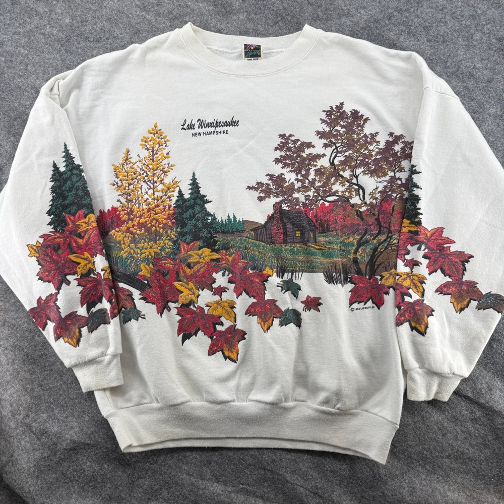 Lifestyles Sweatshirt Womens OS White Lake Winnipesaukee NH 1992 Vintage Graphic